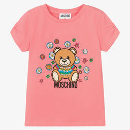 Moschino Кид-Тин-Розовая хлопковая футболка с медвежонком в цветах | Childrensalon Outlet