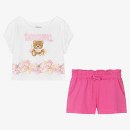 Moschino Kid-Teen-Teen Girls Pink & White Logo Shorts Set | Childrensalon Outlet