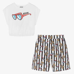 Moschino Kid-Teen-Teen Girls White Bear Stripe Shorts Set | Childrensalon Outlet
