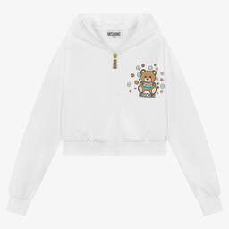 Moschino Kid-Teen-توب هودي بسحّاب تينز بناتي قطن جيرسي لون أبيض | Childrensalon Outlet