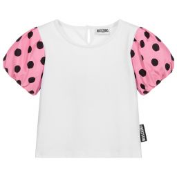Moschino Кид-Тин-Футболка белого и розового цвета в горошек для подростков | Childrensalon Outlet