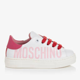 Moschino Kid-Teen-Teen White & Pink Leather Trainers | Childrensalon Outlet
