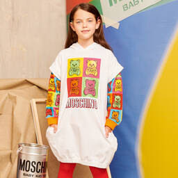 Moschino Kid-Teen-فستان هودي تينز بناتي قطن جيرسي لون أبيض | Childrensalon Outlet