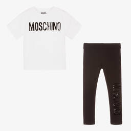 Moschino Kid-Teen-White & Black Logo Leggings Set | Childrensalon Outlet