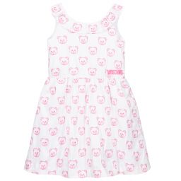Moschino Kid-Teen-White & Pink Cotton Logo Dress | Childrensalon Outlet