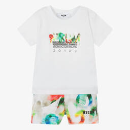 MSGM-Boys White Cotton Watercolour Shorts Set | Childrensalon Outlet