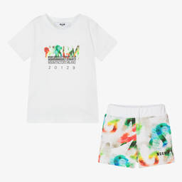 MSGM-Boys White Cotton Watercolour Shorts Set | Childrensalon Outlet