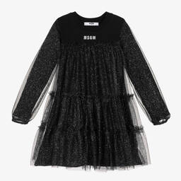 MSGM-Girls Black Cotton & Glittery Tulle Dress | Childrensalon Outlet
