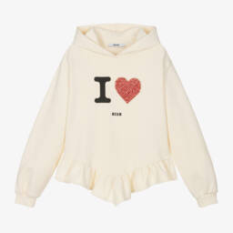 MSGM-Girls Ivory Sparkle Heart Hoodie | Childrensalon Outlet