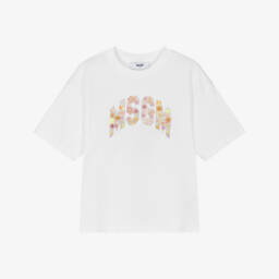 MSGM-Белая блестящая футболка с цветочным узором для девочек | Childrensalon Outlet