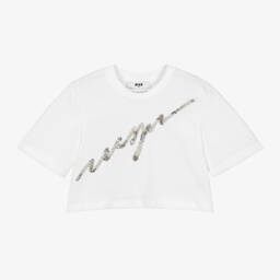 MSGM-Girls White Sparkle Logo Top | Childrensalon Outlet