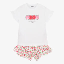 MSGM-Girls White Top & Floral Shorts Set | Childrensalon Outlet