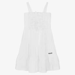 MSGM-فستان قطن بوبلين مزين بكشكش لون أبيض | Childrensalon Outlet