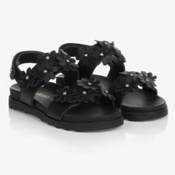 Naturino-Girls Black Leather Floral Sandals | Childrensalon Outlet
