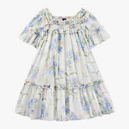 Needle & Thread-Girls White & Blue Floral Cotton Dress | Childrensalon Outlet