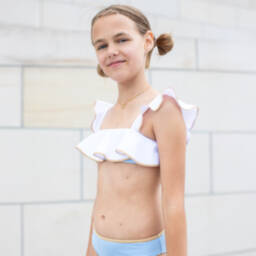 Nessi Byrd-Girls Blue & White Ruffle Bikini (UV50) | Childrensalon Outlet