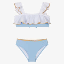 Nessi Byrd-Girls Blue & White Ruffle Bikini (UV50) | Childrensalon Outlet