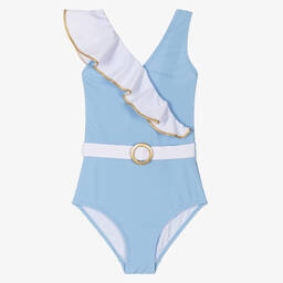 Nessi Byrd-Girls Blue & White Ruffle Swimsuit (UV50) | Childrensalon Outlet