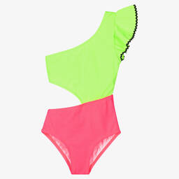Nessi Byrd-Girls Green & Pink Cut Out Swimsuit (UV50) | Childrensalon Outlet