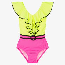 Nessi Byrd-Girls Green & Pink Frill Swimsuit (UV50) | Childrensalon Outlet