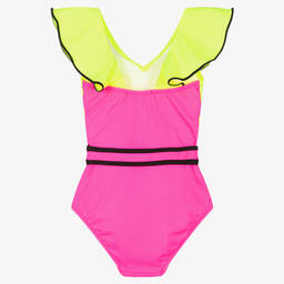 Nessi Byrd-Girls Green & Pink Frill Swimsuit (UV50) | Childrensalon Outlet