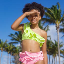 Nessi Byrd-Girls Green & Pink Ruffle Bikini (UV50) | Childrensalon Outlet