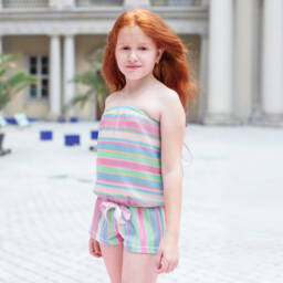 Nessi Byrd-Girls Pink & Blue Stripe Crochet Playsuit | Childrensalon Outlet