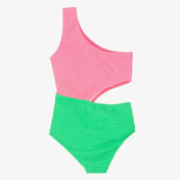 Nessi Byrd-Girls Pink & Green One Shoulder Swimsuit (UV50) | Childrensalon Outlet