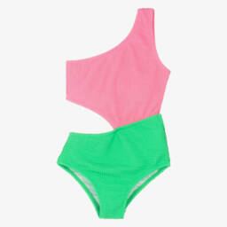 Nessi Byrd-Girls Pink & Green One Shoulder Swimsuit (UV50) | Childrensalon Outlet