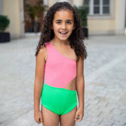 Nessi Byrd-Girls Pink & Green One Shoulder Swimsuit (UV50) | Childrensalon Outlet