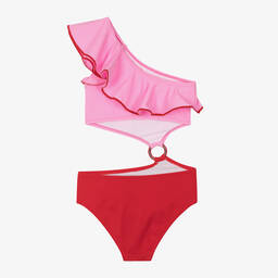 Nessi Byrd-Girls Pink & Red Asymmetric Swimsuit (UV50) | Childrensalon Outlet