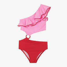 Nessi Byrd-Girls Pink & Red Asymmetric Swimsuit (UV50) | Childrensalon Outlet