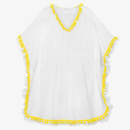 Nessi Byrd-Girls White Cotton Pom-Pom Kaftan | Childrensalon Outlet