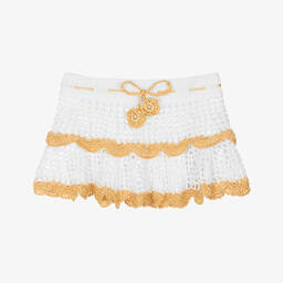 Nessi Byrd-Girls White & Gold Crochet Beach Skirt | Childrensalon Outlet