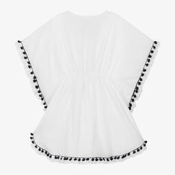 نيسي بيرد-قفطان قطن لون أبيض مزين ببوم-بوم للبنات | Childrensalon Outlet