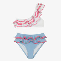 Nessi Byrd-Teen Girls White & Blue Ruffle Bikini (UV50) | Childrensalon Outlet