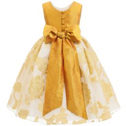 Nicki Macfarlane-فستان حرير وأورغانزا ستايل باليرينا لون ذهبي وعاجي | Childrensalon Outlet