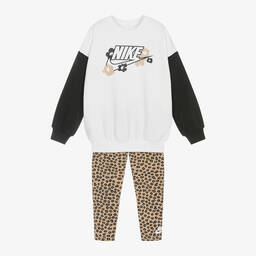 Nike-Girls Beige Floral Cotton Leggings Set | Childrensalon Outlet