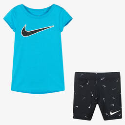 Nike-Girls Blue & Black Logo Jersey Shorts Set | Childrensalon Outlet