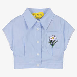 أوف وايت-قميص قصير قطن بوبلين مقلم لون أزرق وأبيض | Childrensalon Outlet