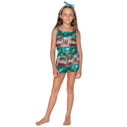 اولغا فالنتين-بلاي سوت قطن بوبلين لون أزرق وأحمر للبنات | Childrensalon Outlet