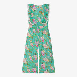 Olga Valentine-Girls Green Cotton Floral Jumpsuit | Childrensalon Outlet