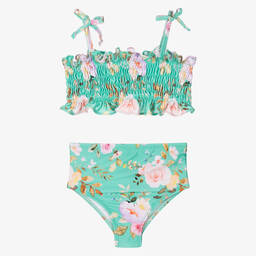 Olga Valentine-مايوه بكيني بطبعة ورود لون أخضر للبنات (UPF50+) | Childrensalon Outlet