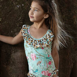 Olga Valentine-Girls Green Floral Ruffle Swimsuit (UPF50+) | Childrensalon Outlet
