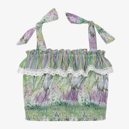 Olga Valentine-Girls Green Horse Print Cotton Blouse  | Childrensalon Outlet