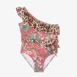 Olga Valentine-Girls Pink Floral One Shoulder Swimsuit (UPF50+) | Childrensalon Outlet