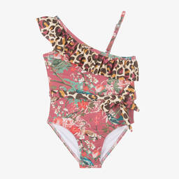 Olga Valentine-Girls Pink Floral One Shoulder Swimsuit (UPF50+) | Childrensalon Outlet