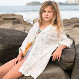 Olga Valentine-قفطان برودري انجليزقطن لون أبيض للبنات | Childrensalon Outlet