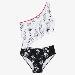 Olga Valentine-Teen Girls White & Black Floral Swimsuit (UPF50+) | Childrensalon Outlet