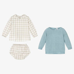 Paloma de la O-Baby Boys Blue & Beige Cotton Shorts Set | Childrensalon Outlet